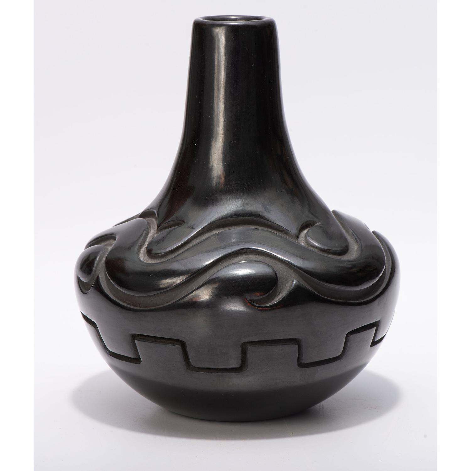 Deeply Carved Blackware Vase, with Avanyu AND Carved Blackware Jar