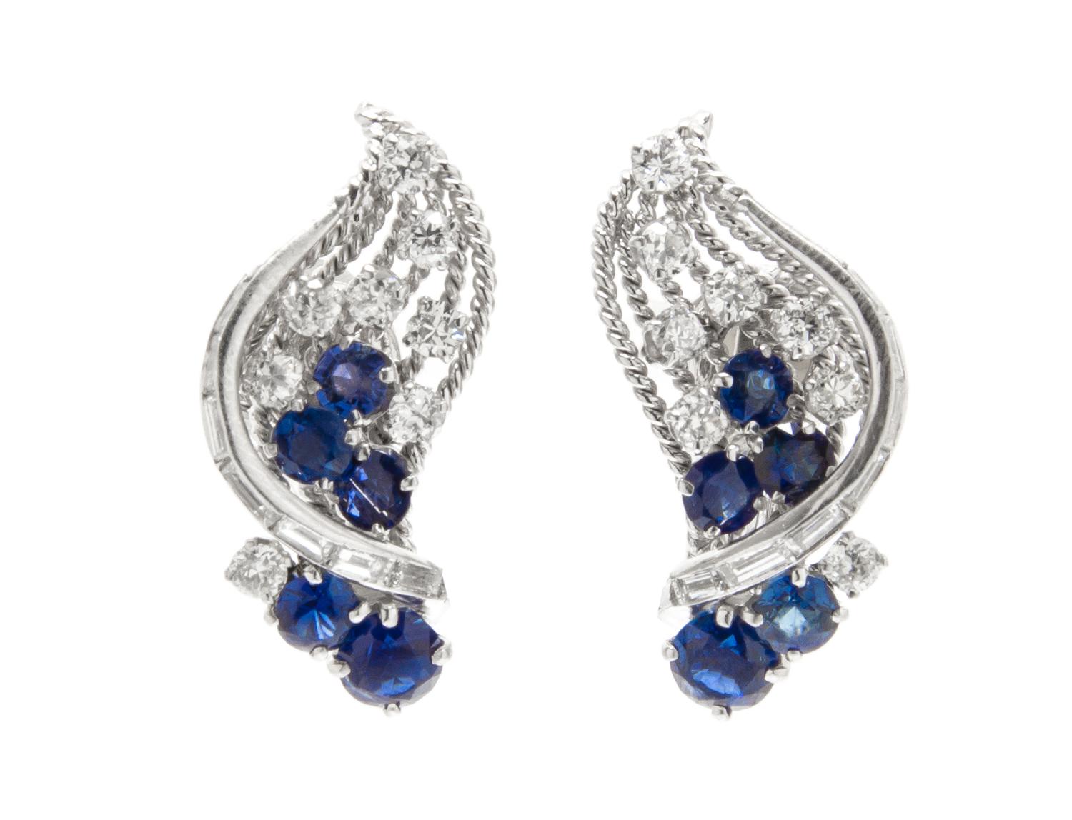 A Pair of Platinum, Sapphire and Diamond Earclips, David Webb, Circa 1950, 9.60 dwts.