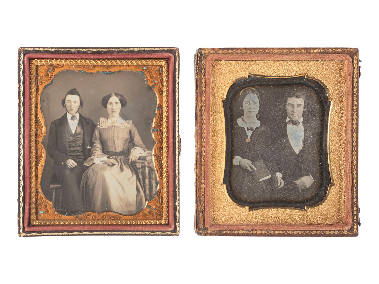 [EARLY PHOTOGRAPHY]. 10 sixth plate daguerreotypes featuring groups of people posed with books and cased images.