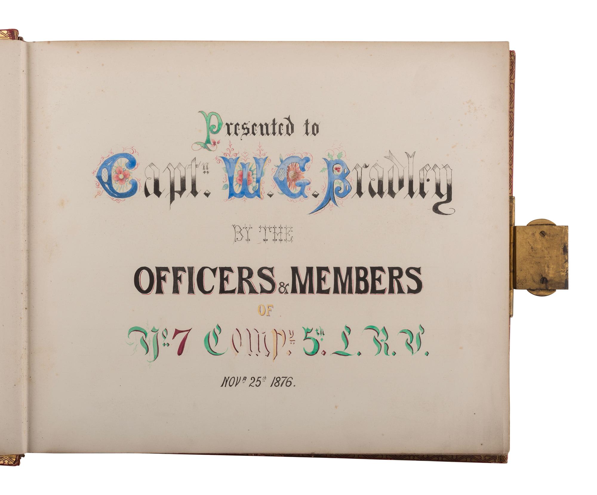 [EARLY PHOTO] English album presented to Capt. Bradley cont. 140+ photos, incl. military subjects.