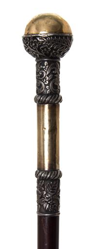An American Sterling Silver Handled Walking Stick, Diameter of handle 1 1/2 x length overall 38 inches.