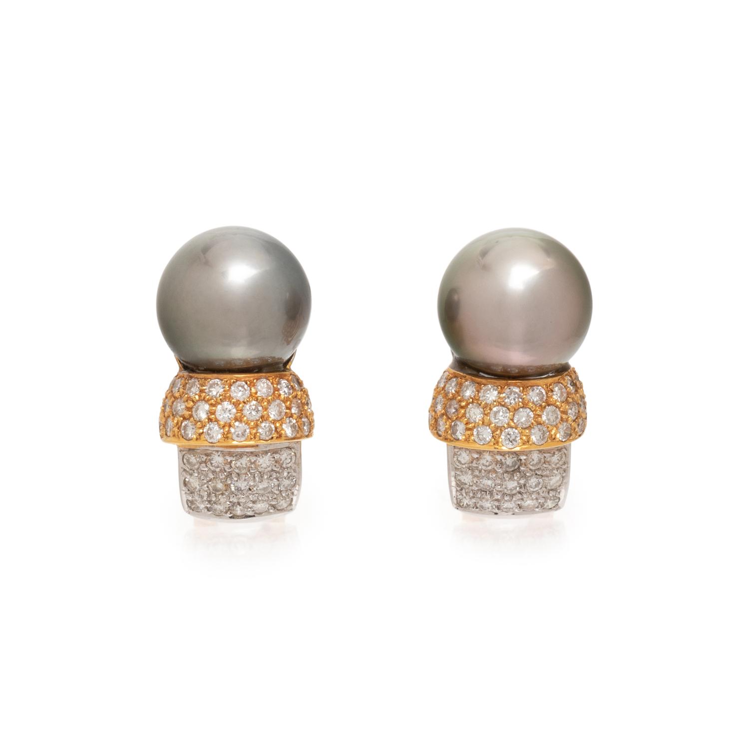 BICOLOR GOLD, TAHITIAN CULTURED PEARL AND DIAMOND CLIP EARRINGS