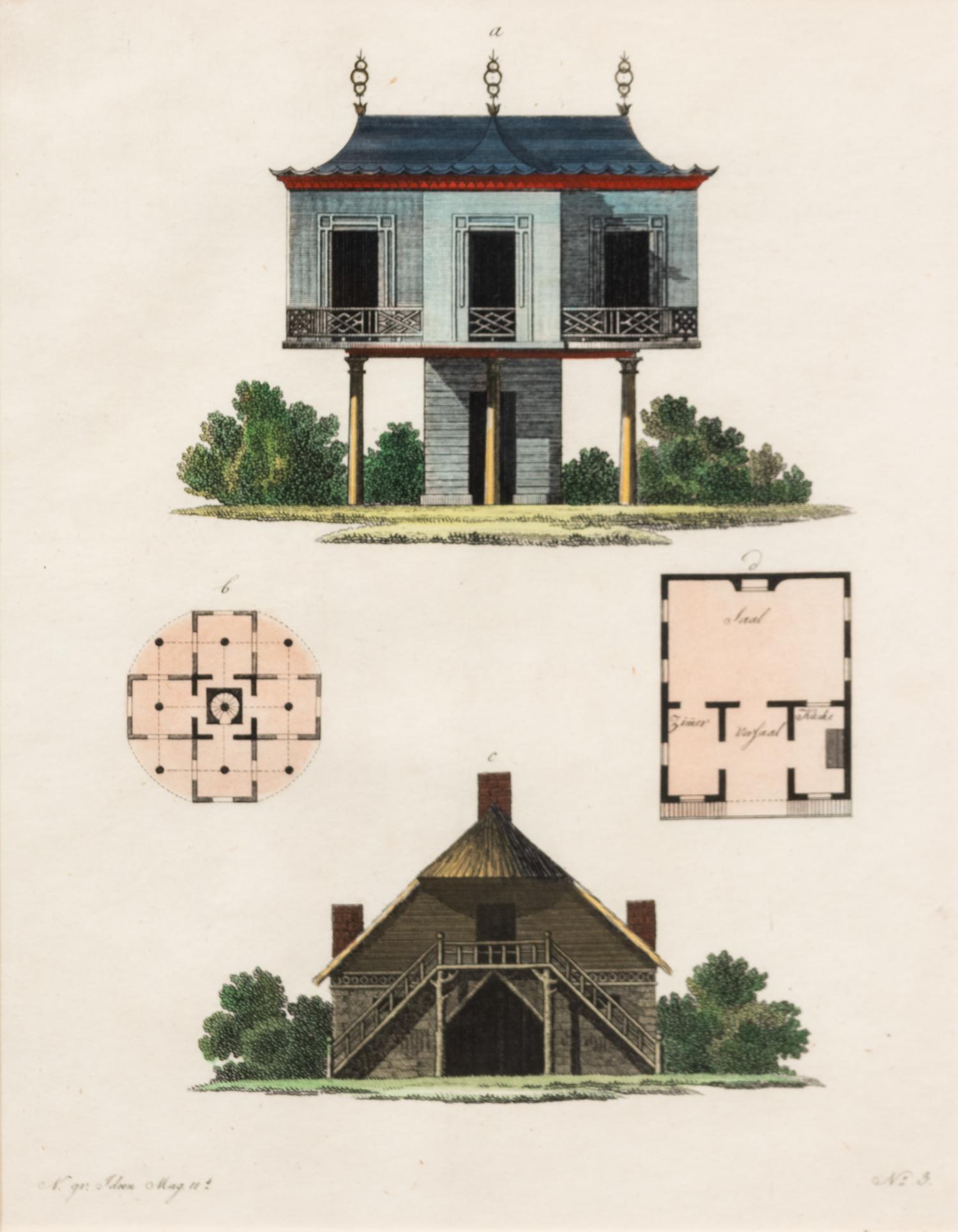 A Collection of Gilt Framed Hand Colored Engravings of Follies Framed size 12 3/8 x 15 3/8 inches. — 19TH CENTURY
