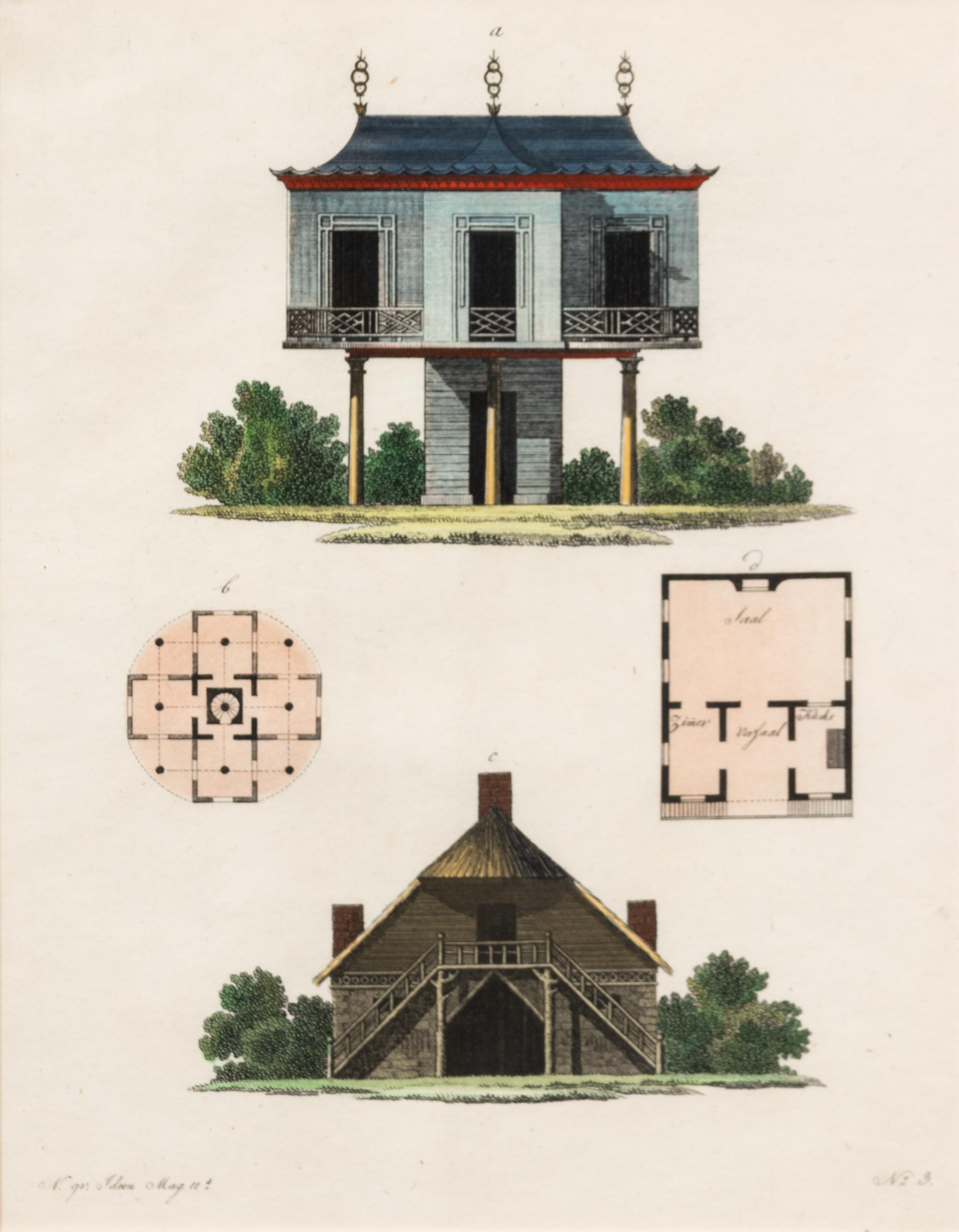 A Collection of Gilt Framed Hand Colored Engravings of Follies Framed size 12 3/8 x 15 3/8 inches. — 19TH CENTURY