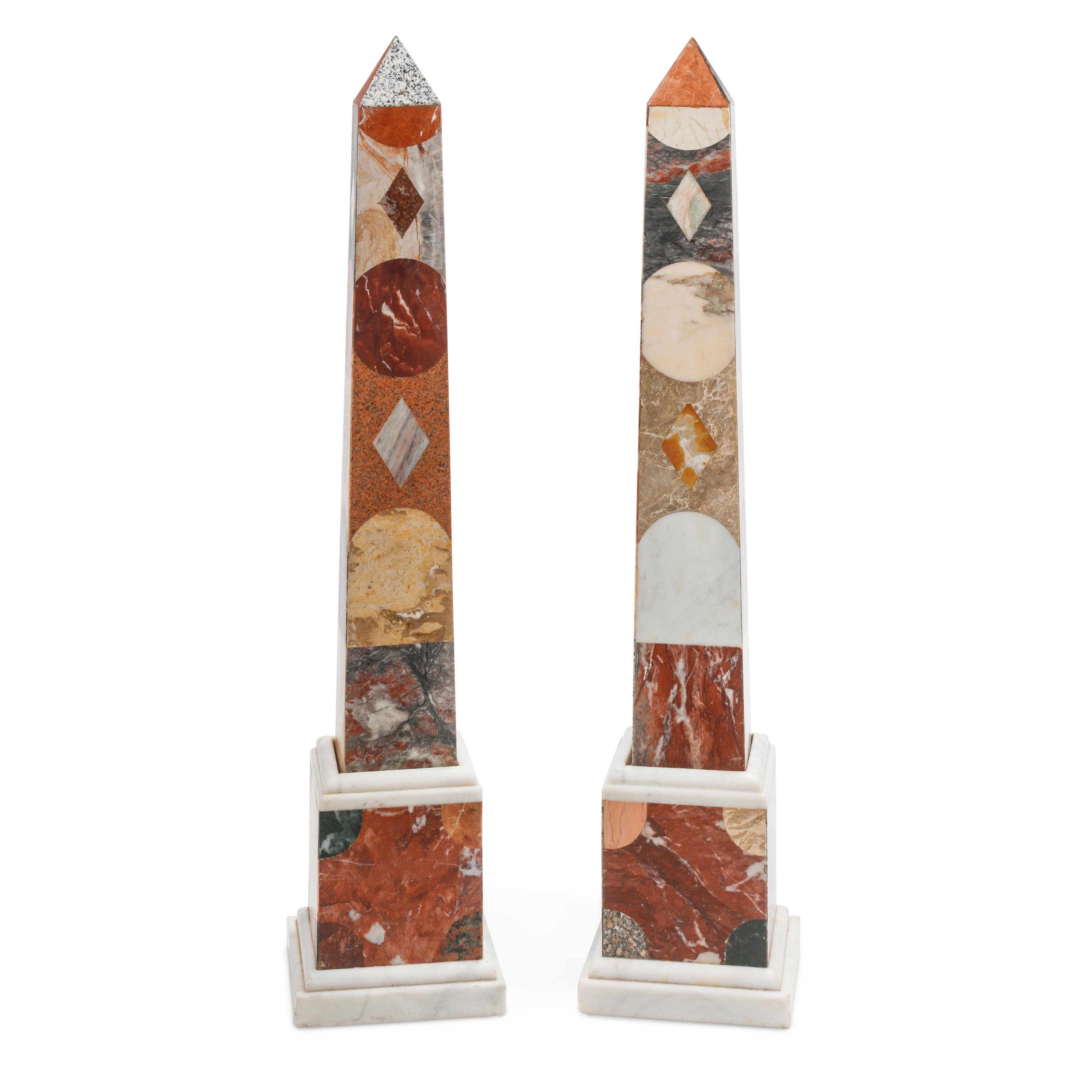 A Pair of Large Grand Tour Style Specimen Marble Obelisks