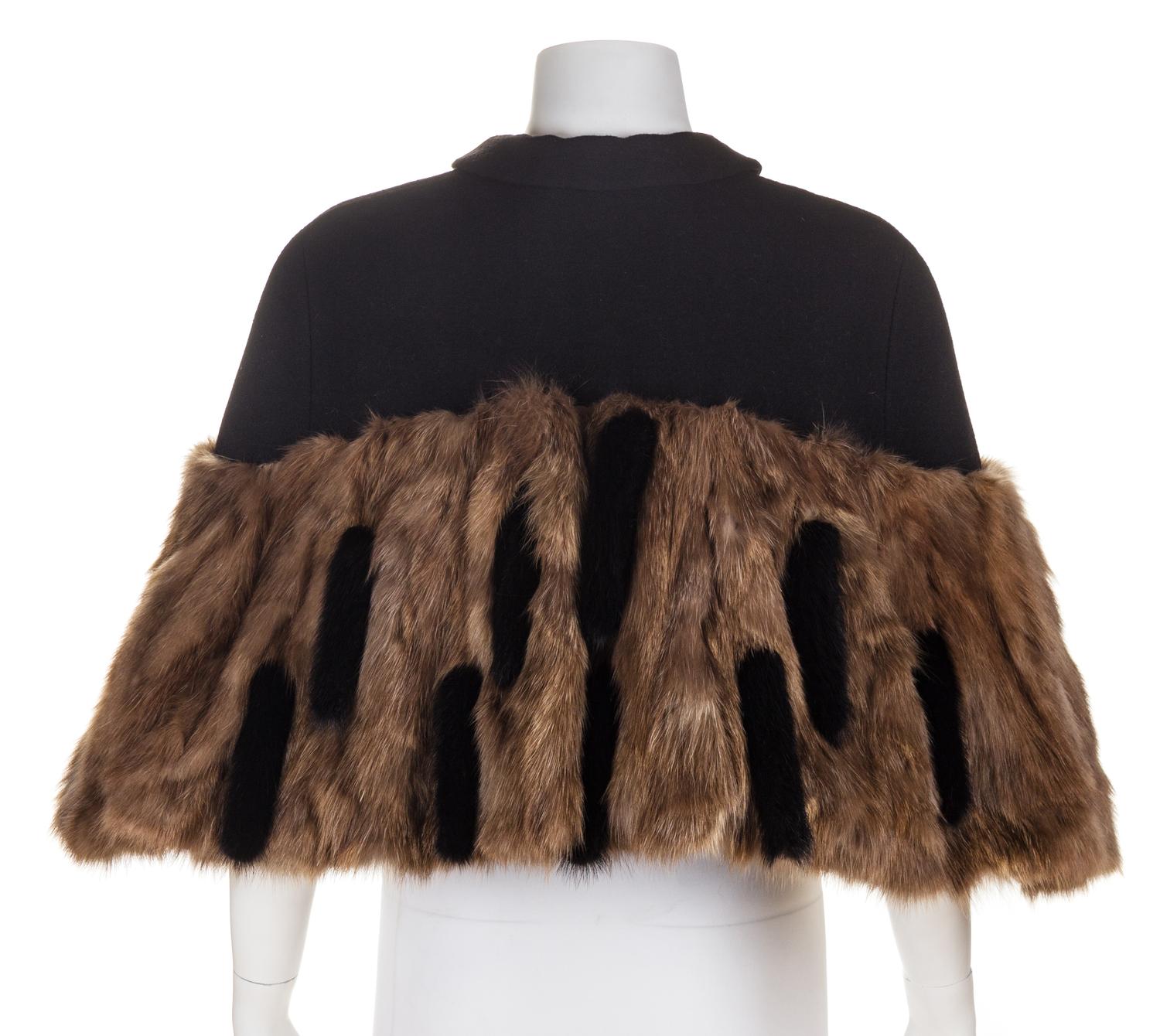 A Rochas Black Wool Capelet with Sable Trim, Size 42.