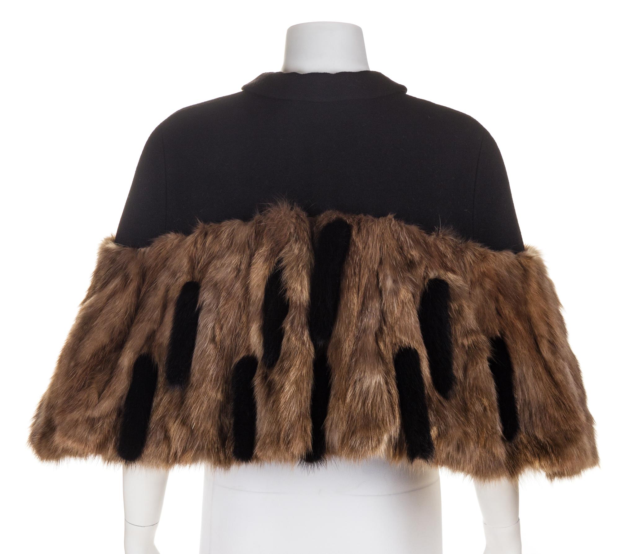 A Rochas Black Wool Capelet with Sable Trim, Size 42.
