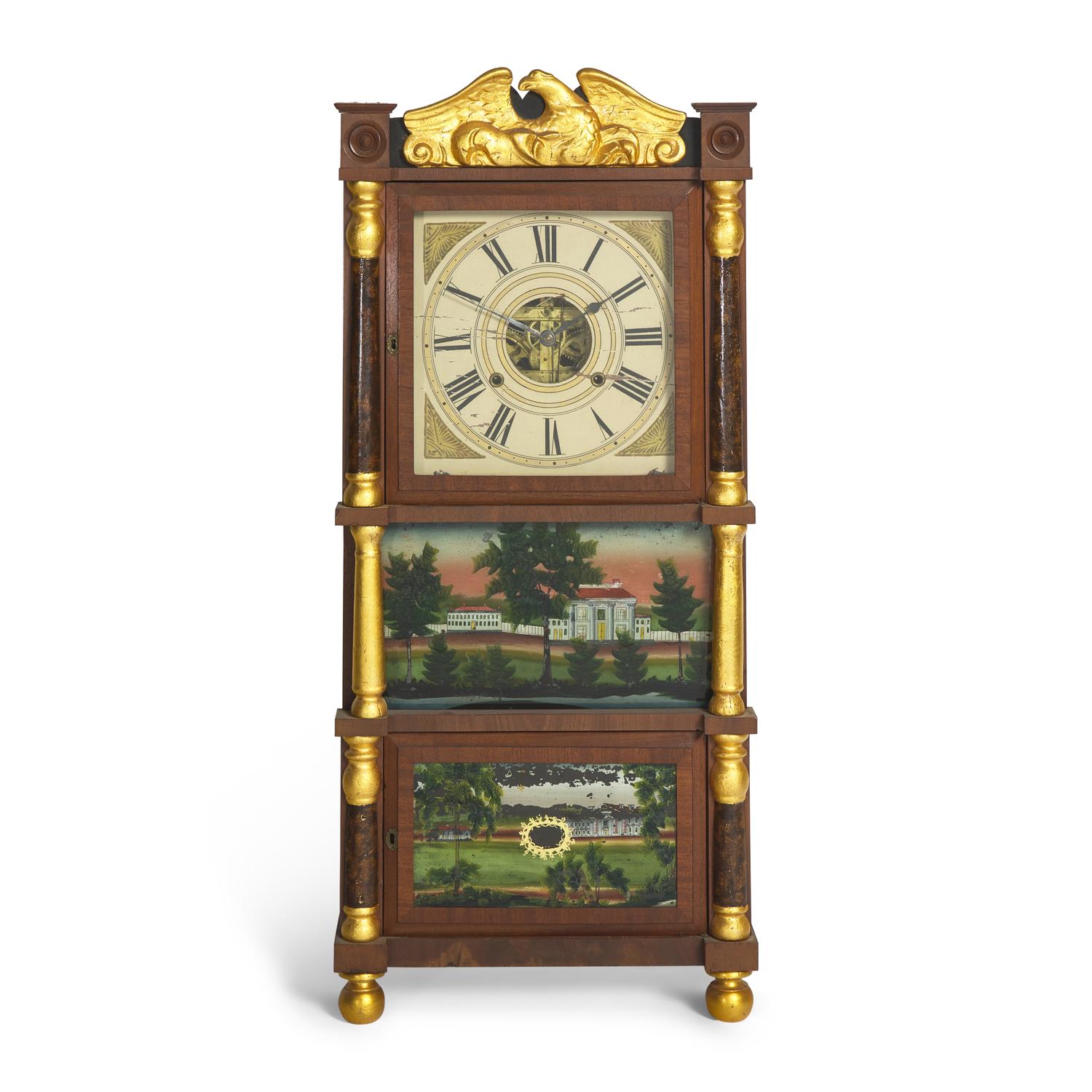 A Classical Parcel-Gilt Mahogany Shelf Clock with Double Eglomise Panels