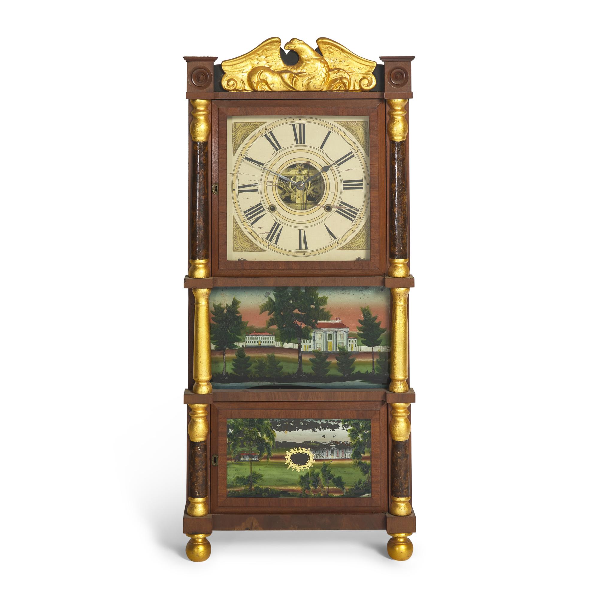 A Classical Parcel-Gilt Mahogany Shelf Clock with Double Eglomise Panels