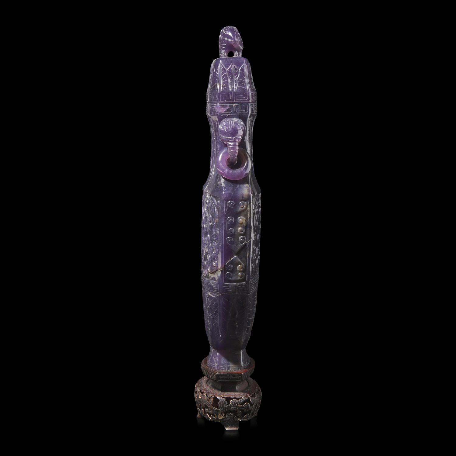 A Chinese Carved Hardstone Vase and Cover 紫晶仿古雙耳瓶