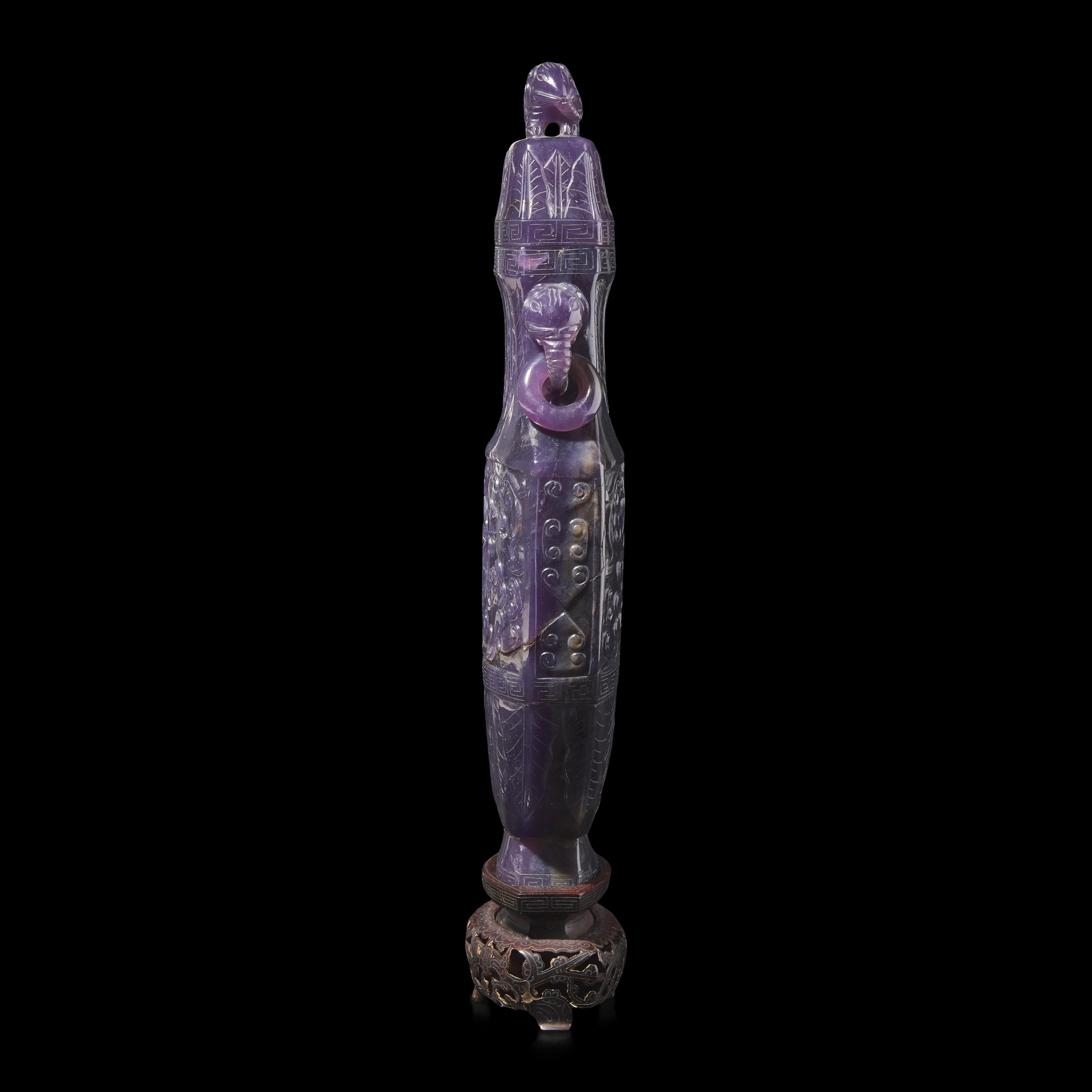 A Chinese Carved Hardstone Vase and Cover 紫晶仿古雙耳瓶