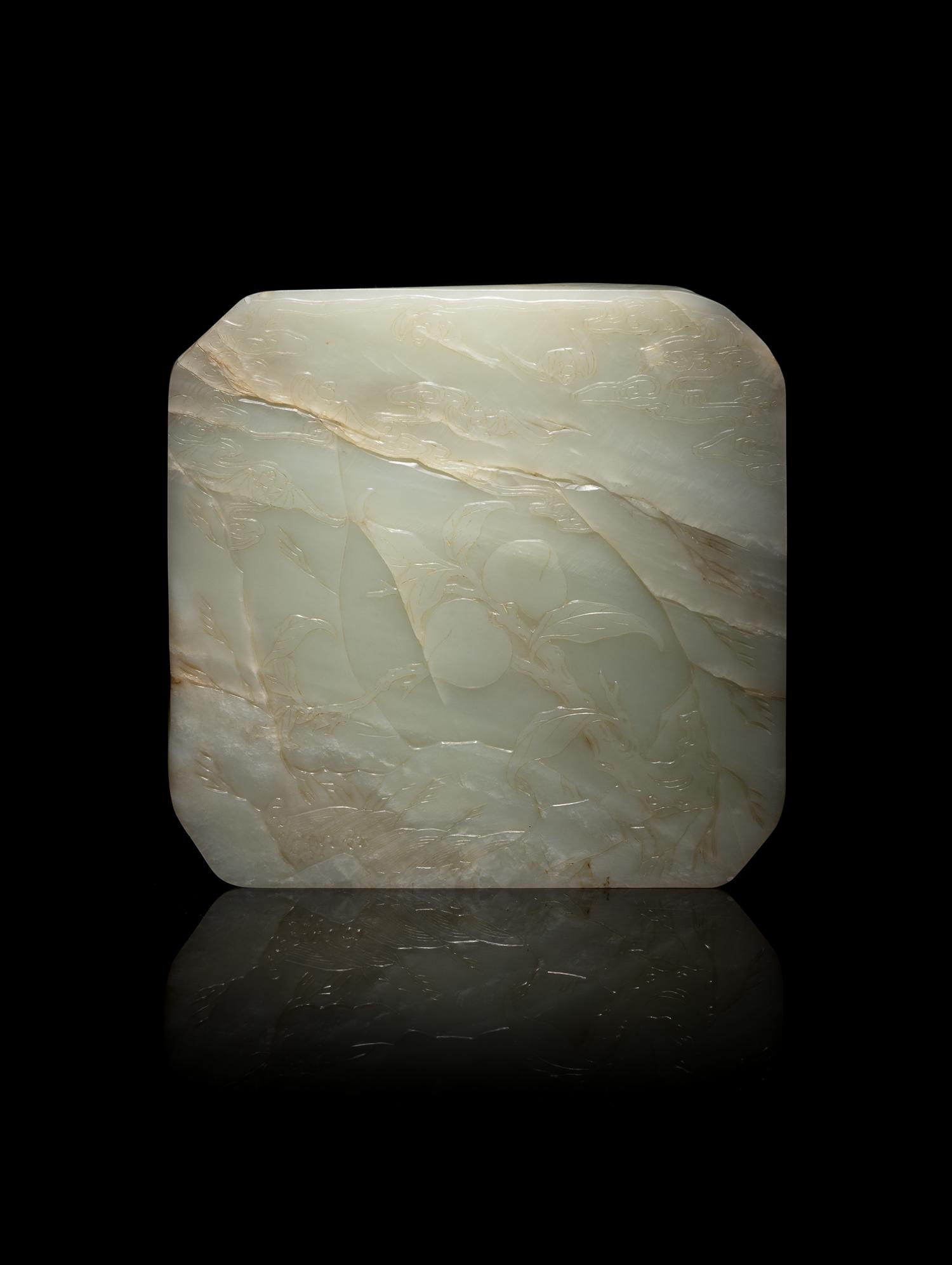 A Chinese Finely Carved Pale Celadon Jade 'Scholars in Landscape' Plaque, 18th/19th Century 清中期 青白玉攜琴訪友圖屏