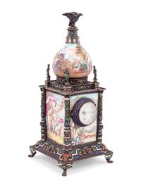 A Viennese Enameled Silver and Champlevé Bronze Mantel Clock