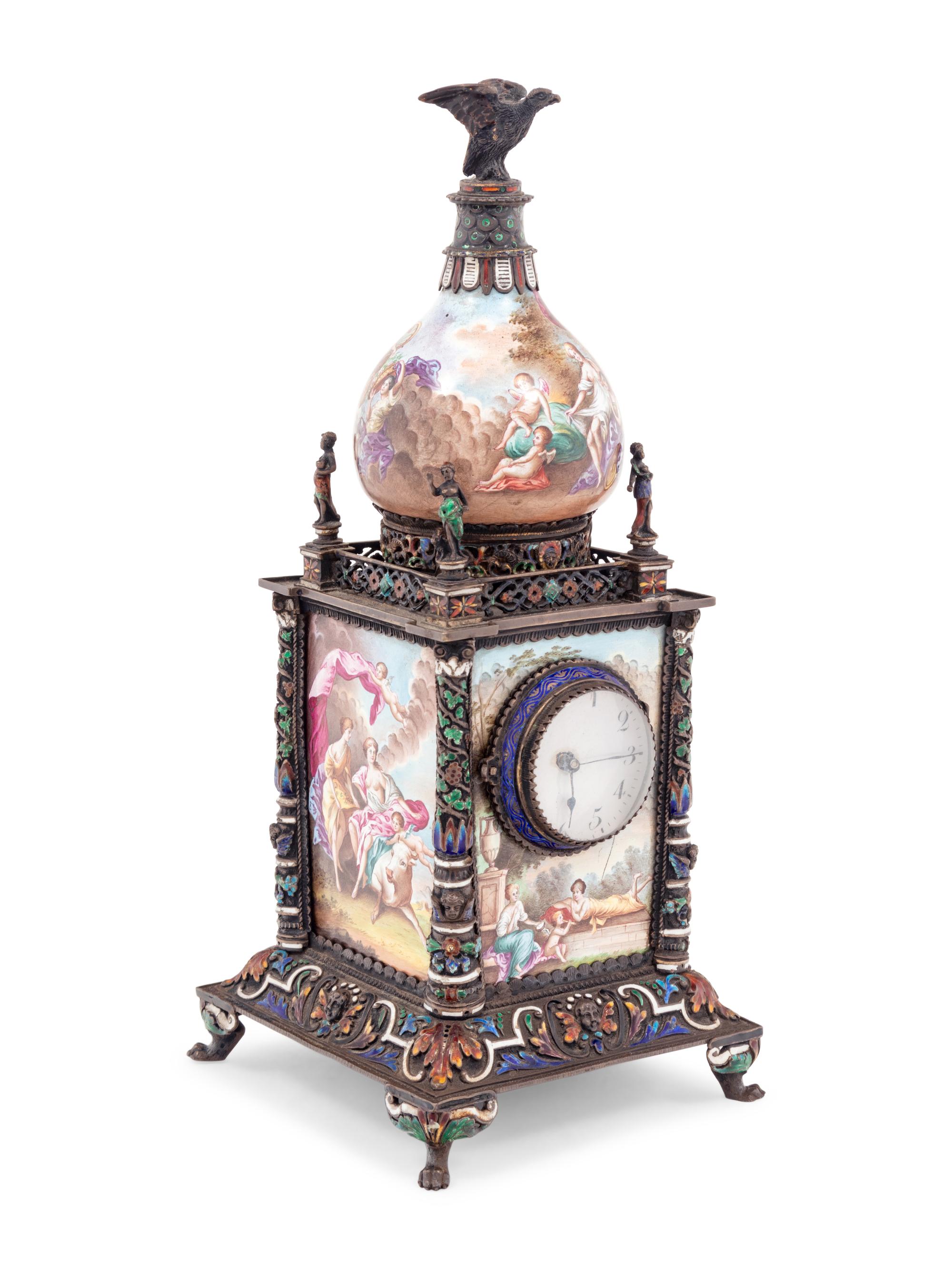 A Viennese Enameled Silver and Champlevé Bronze Mantel Clock