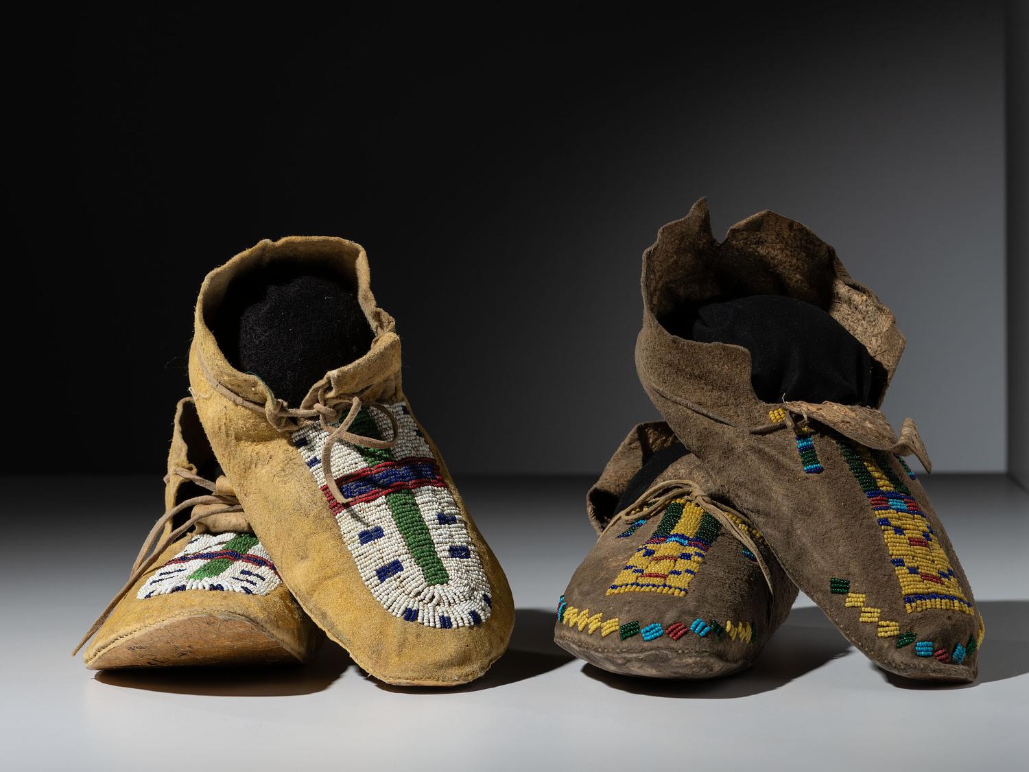 Arapaho Beaded Hide Moccasins, Two Pairs