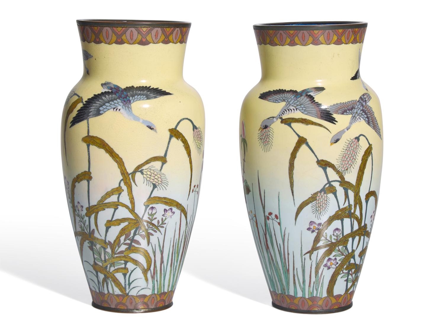 A Pair of Japanese Light Yellow Ground Cloisonne 'Goose' Vases