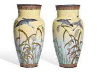 A Pair of Japanese Light Yellow Ground Cloisonne 'Goose' Vases