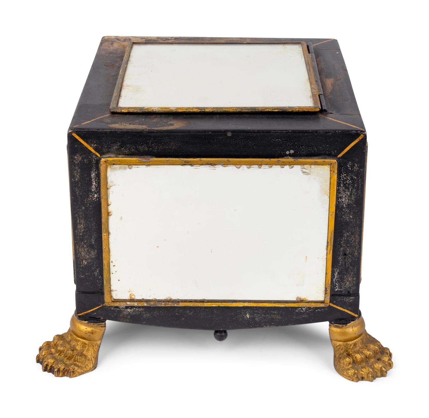 An English Black and Gilt Decorated Tole Box with Mirrored Panels — 19TH CENTURY
