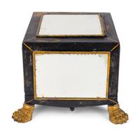 An English Black and Gilt Decorated Tole Box with Mirrored Panels — 19TH CENTURY