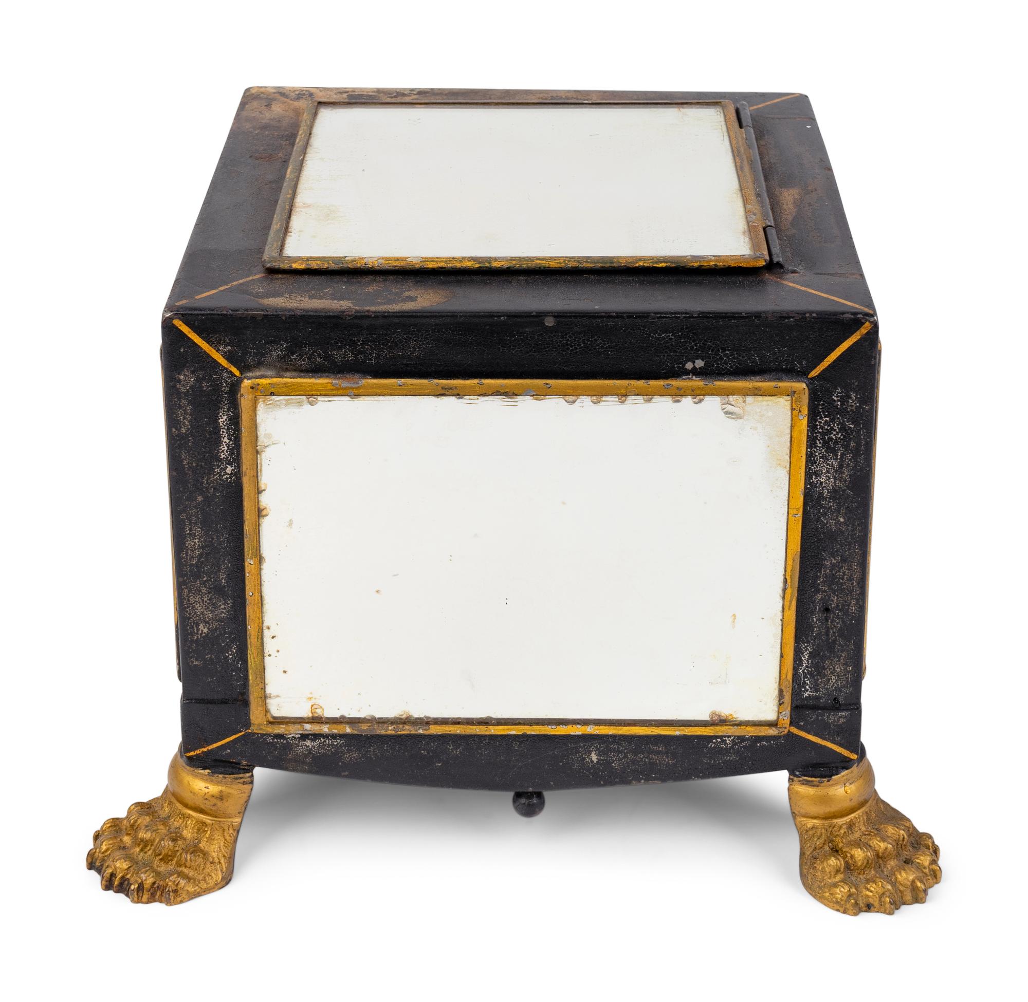 An English Black and Gilt Decorated Tole Box with Mirrored Panels — 19TH CENTURY