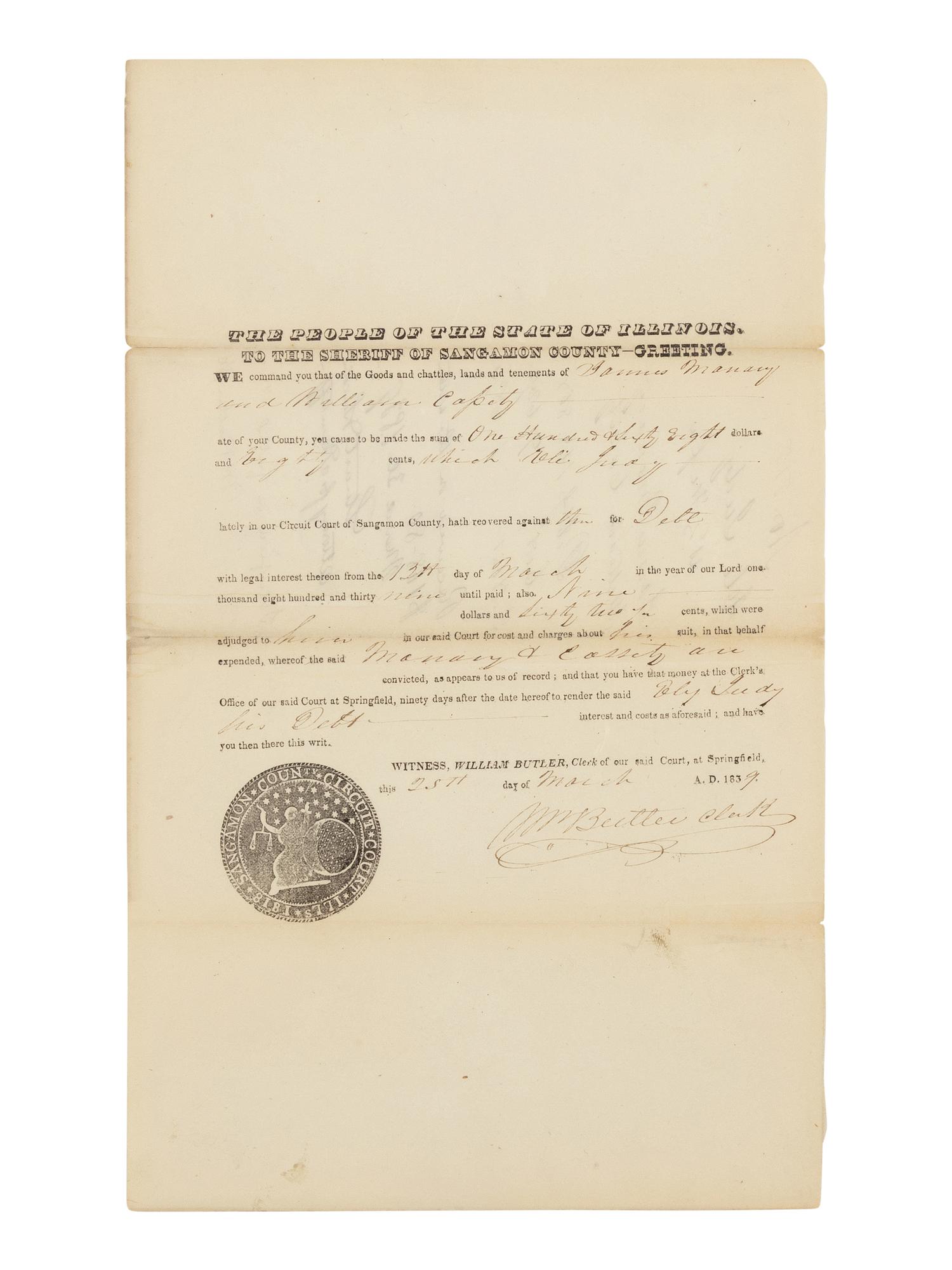 [LINCOLN, Abraham] (1809-1865). Partially printed document, endorsed on verso ("Stuart & Lincoln"). Springfield, Illinois, 30 March 1839.