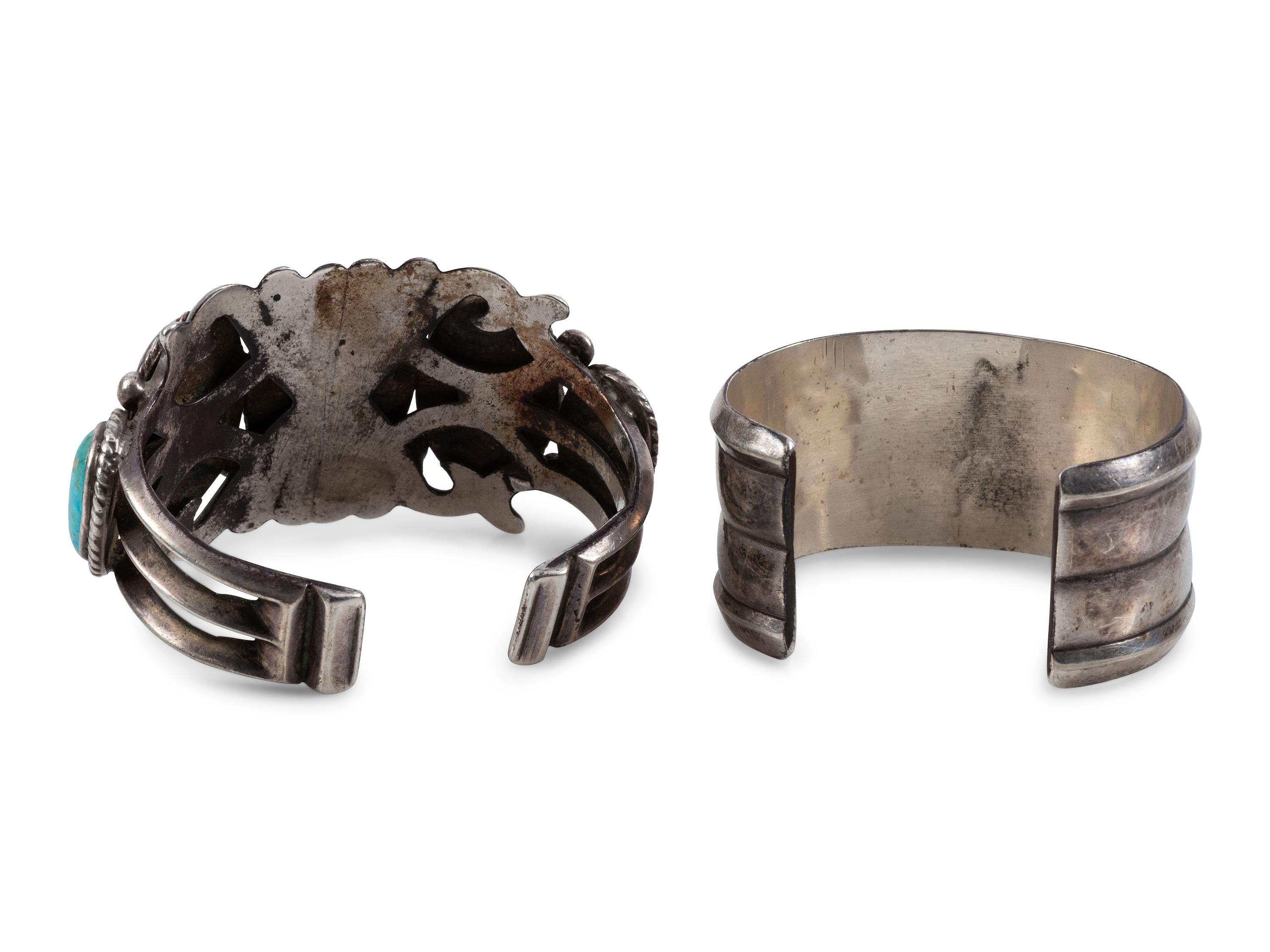Pair of Navajo and Zuni Silver and Turquoise Cuff Bracelets