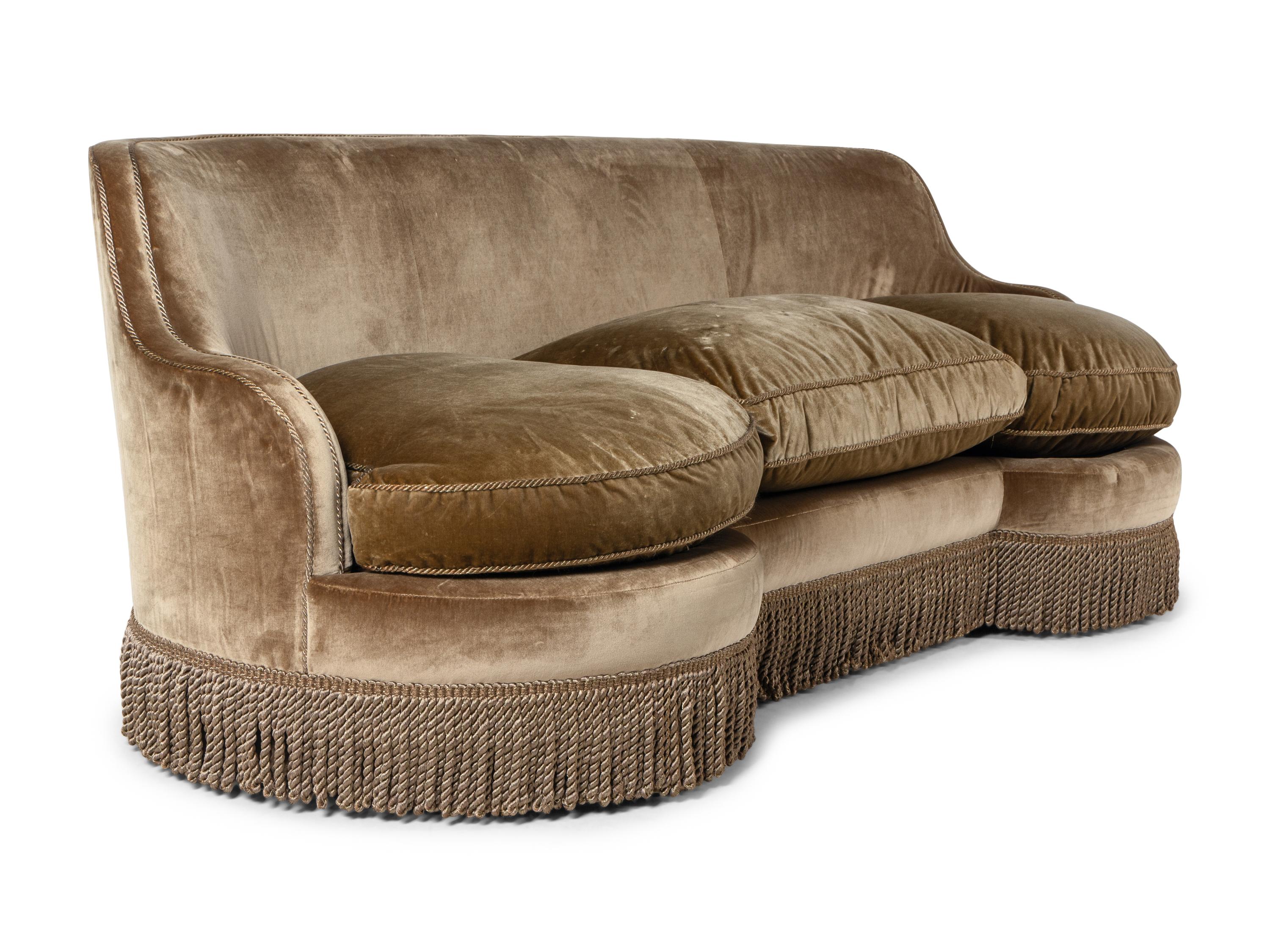 A Custom Velvet-Upholstered Reniform Sofa with Bullion Fringe