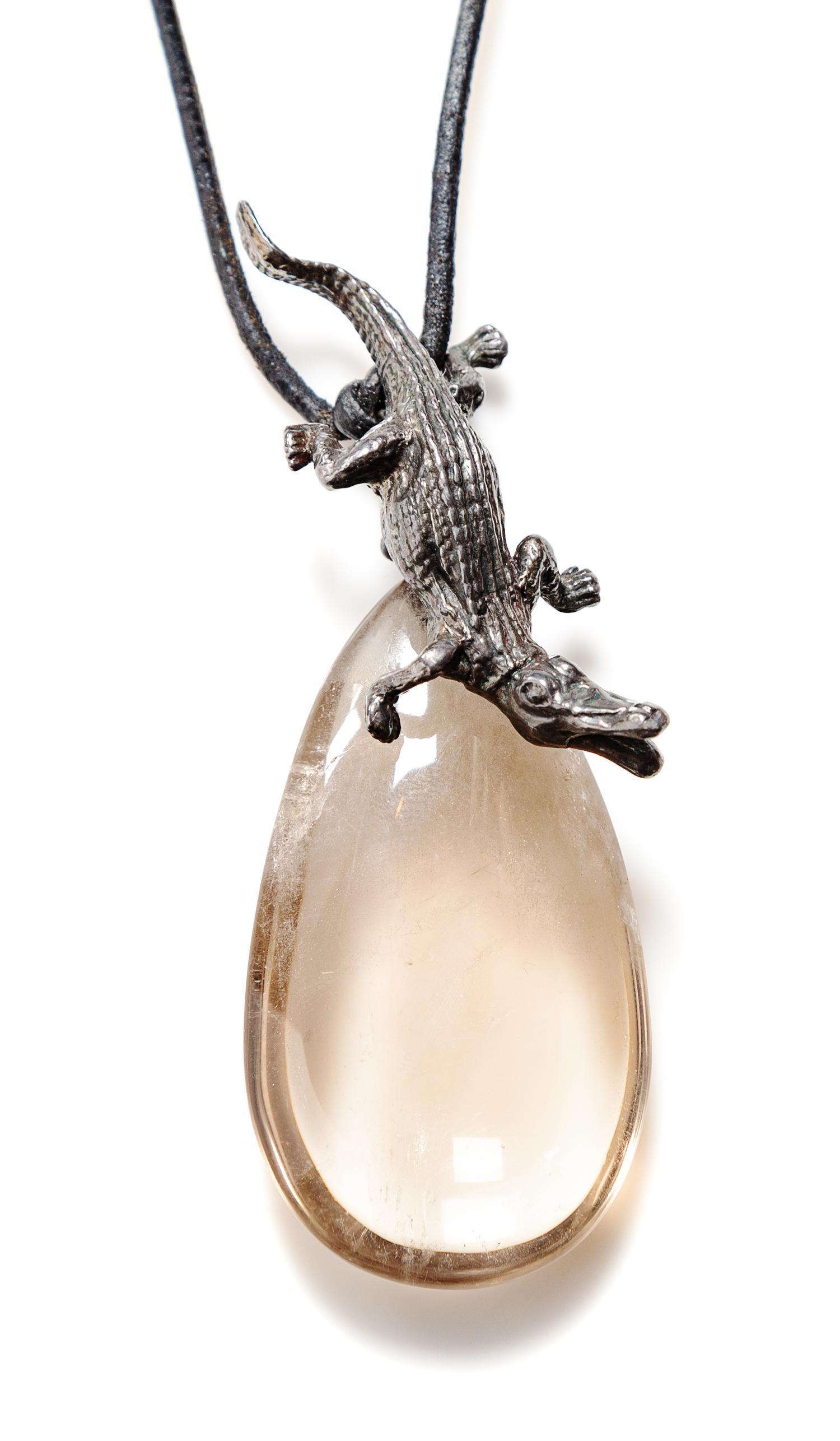 A Stephen Dweck Sterling Silver Vintage Alligator and Crystal Pendant Necklace, Pendant: 3.5"L x 1"W.