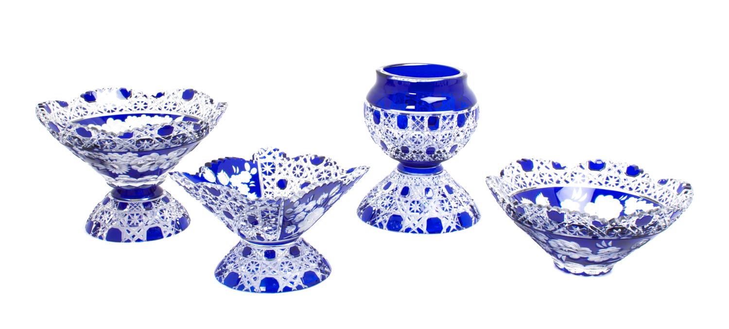 A Collection of Bohemian Blue Cut to Clear Table Articles Height of tallest 6 3/4 inches. — 20TH CENTURY