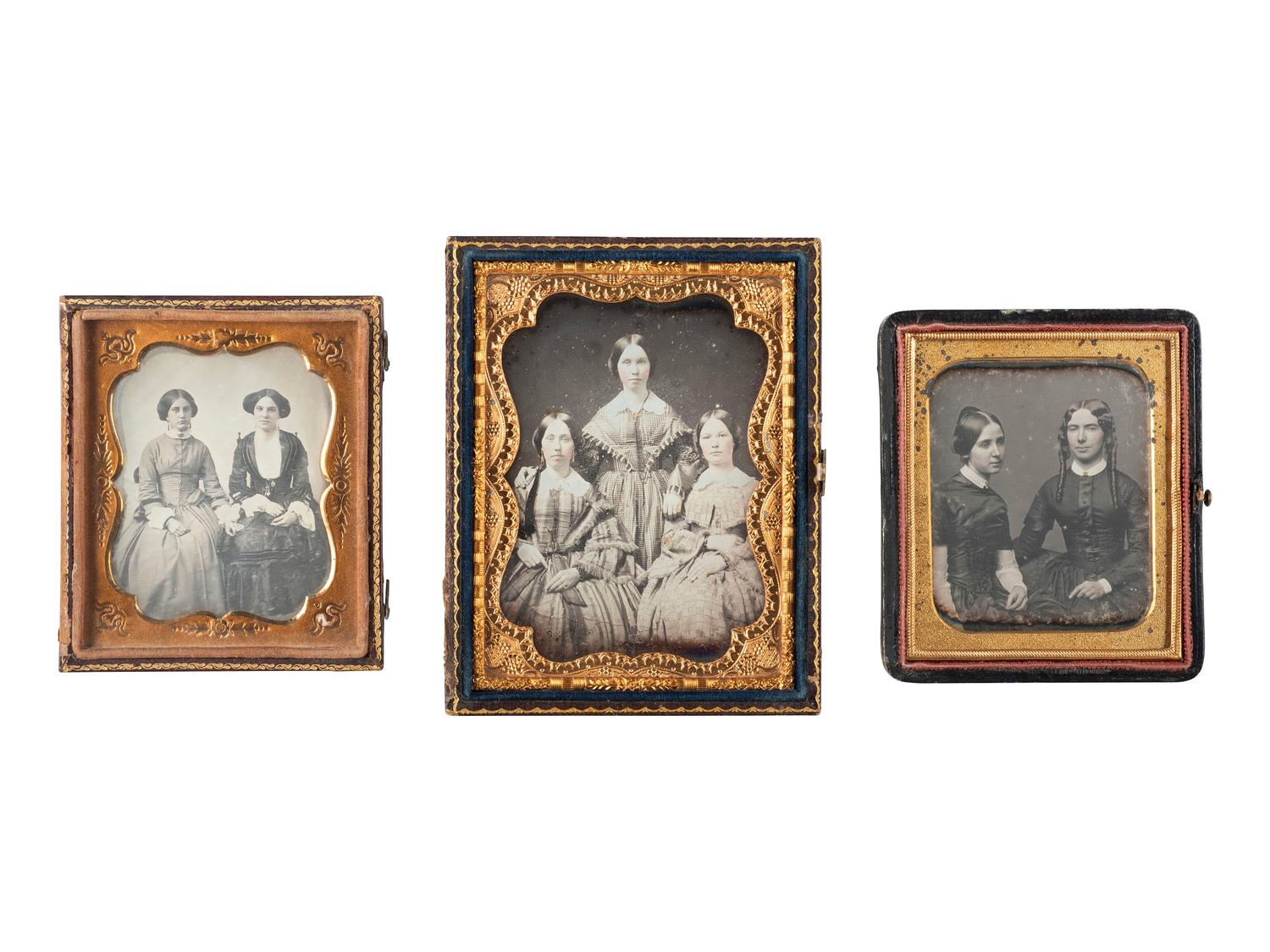 [EARLY PHOTOGRAPHY]. 22 quarter and sixth plate daguerreotype portraits of pairs and trios.