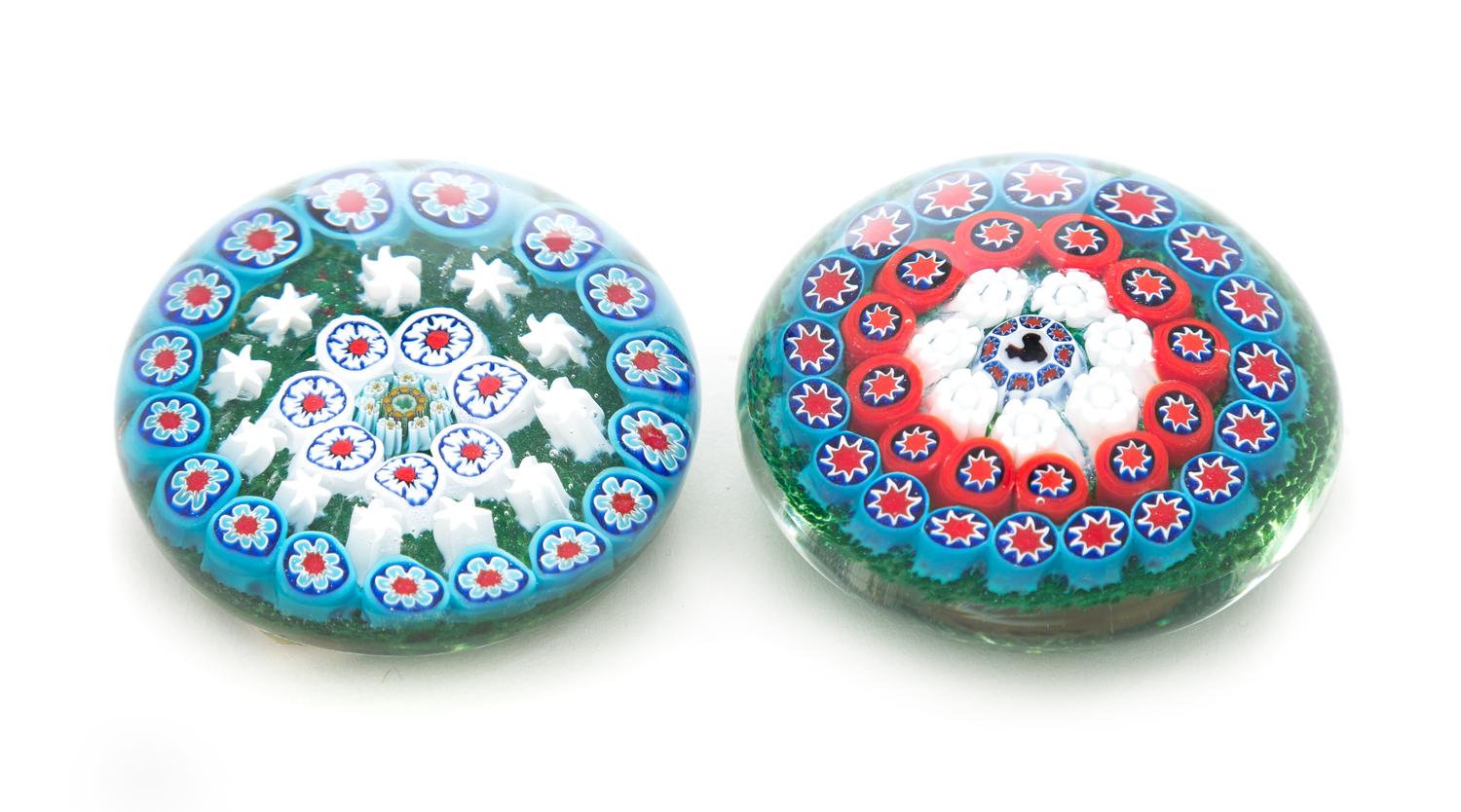 Peter Holmes, (Scottish), two concentric millefiori paperweights