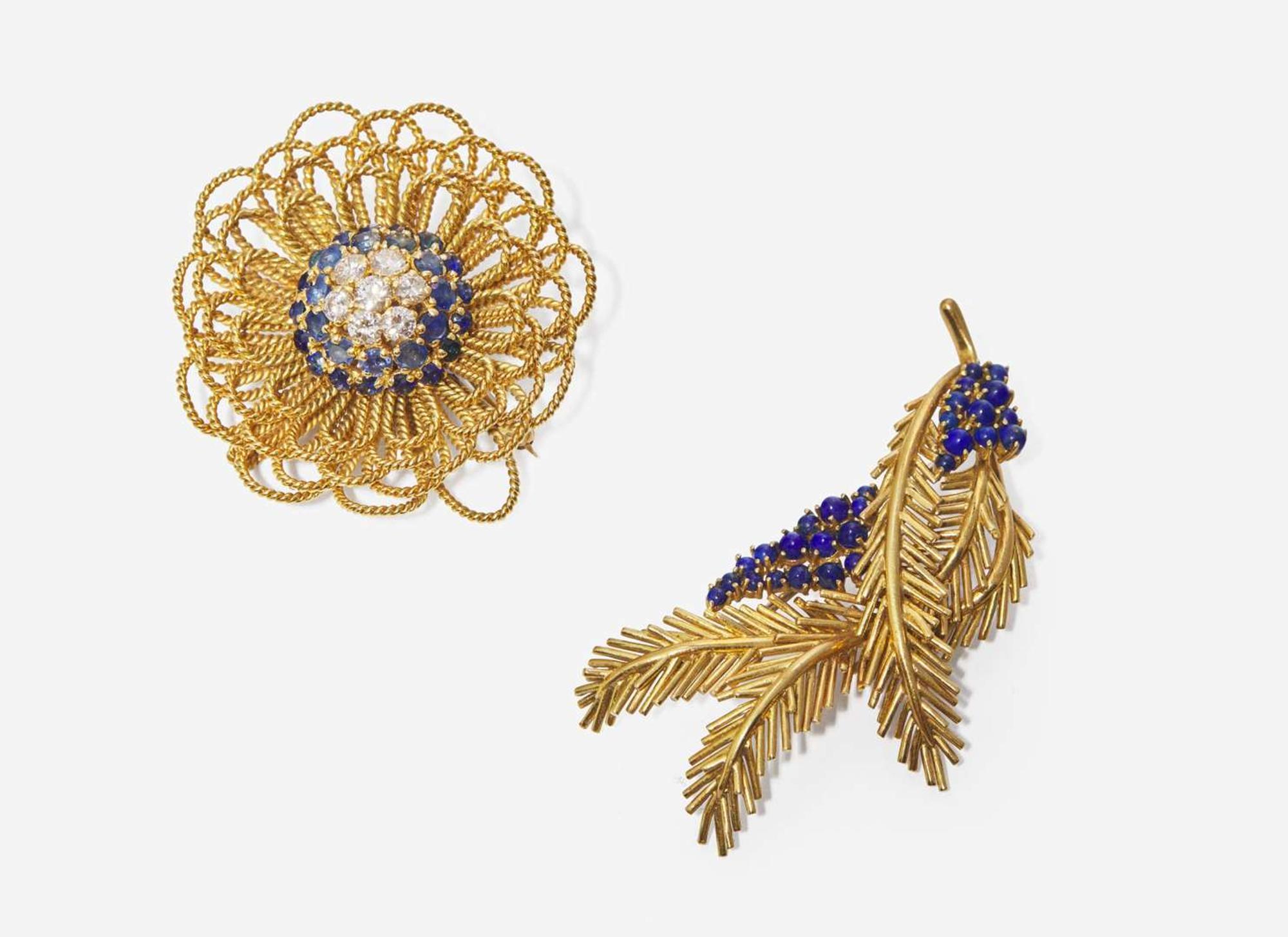 A Pair of Yellow Gold and Gemstone Brooches