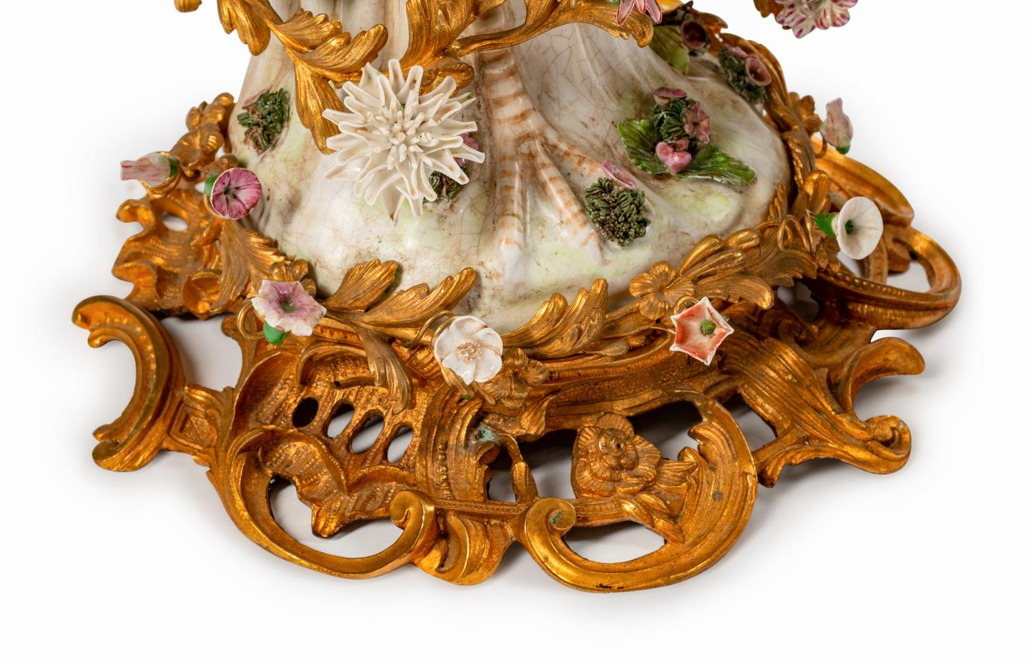 A Pair of Louis XV Style Gilt-Bronze and Porcelain Three-Light Candelabra
