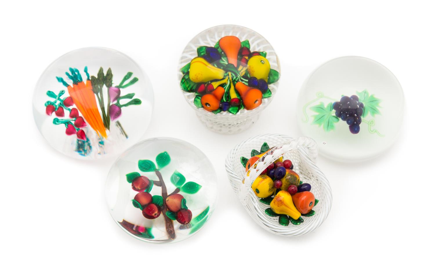 Five Glass Paperweights Diameter of largest 3 1/2 inches
