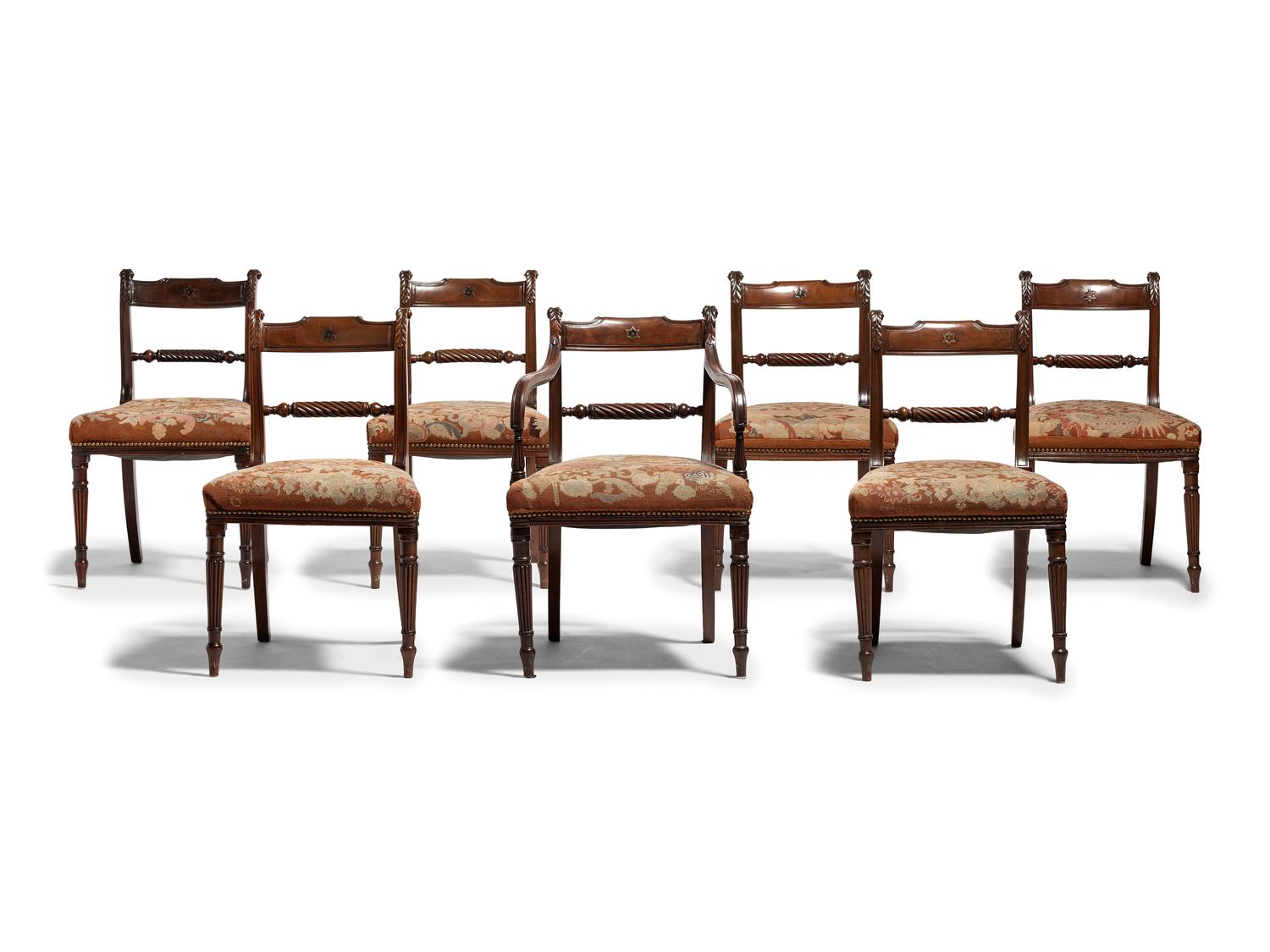 Seven Regency Style Brass Inlaid Mahogany Chairs