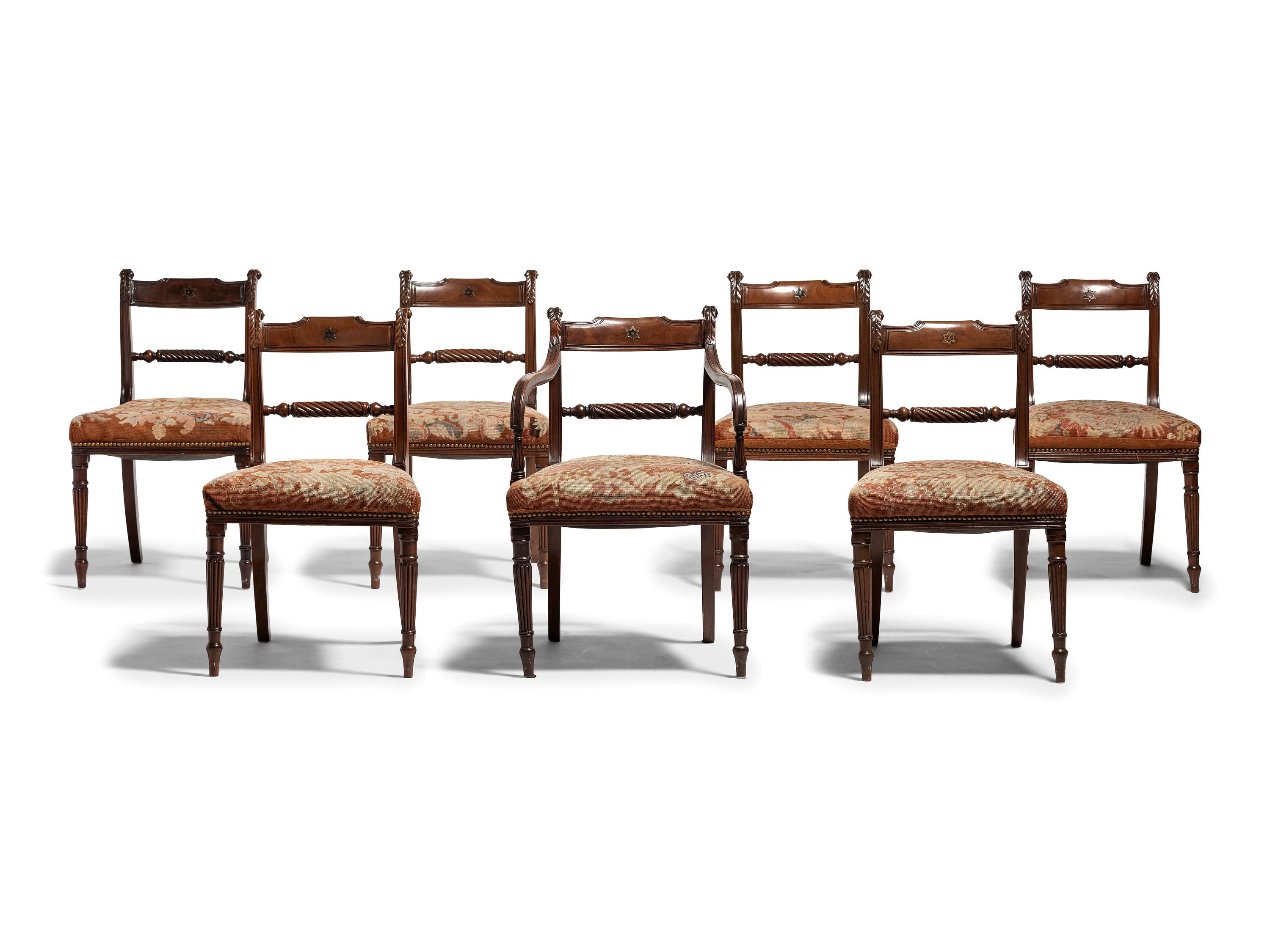 Seven Regency Style Brass Inlaid Mahogany Chairs