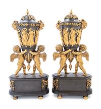 A Pair of Directoire Revival Gilt and Patinated Bronze Urn Ornaments