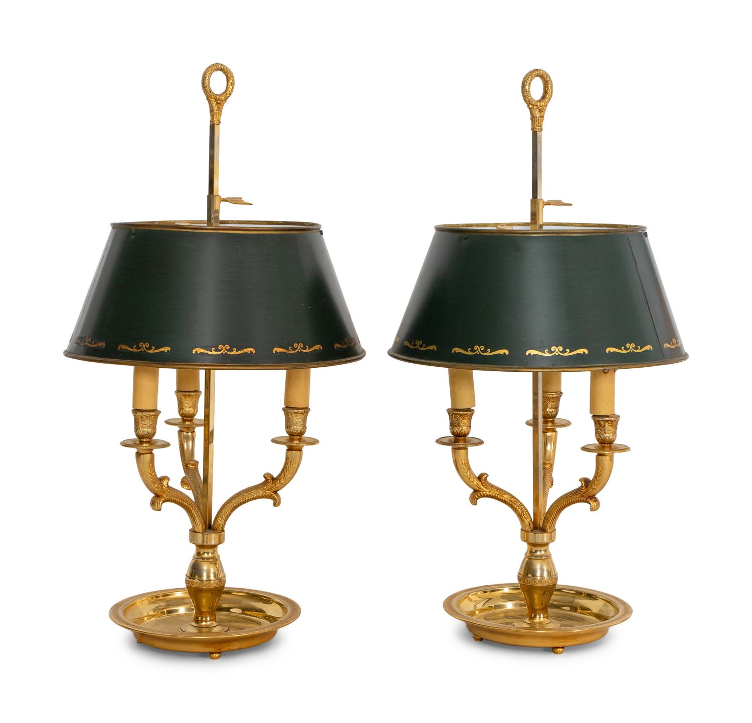 A Pair of Gilt Metal Bouillotte Lamps with Green Tole Shades