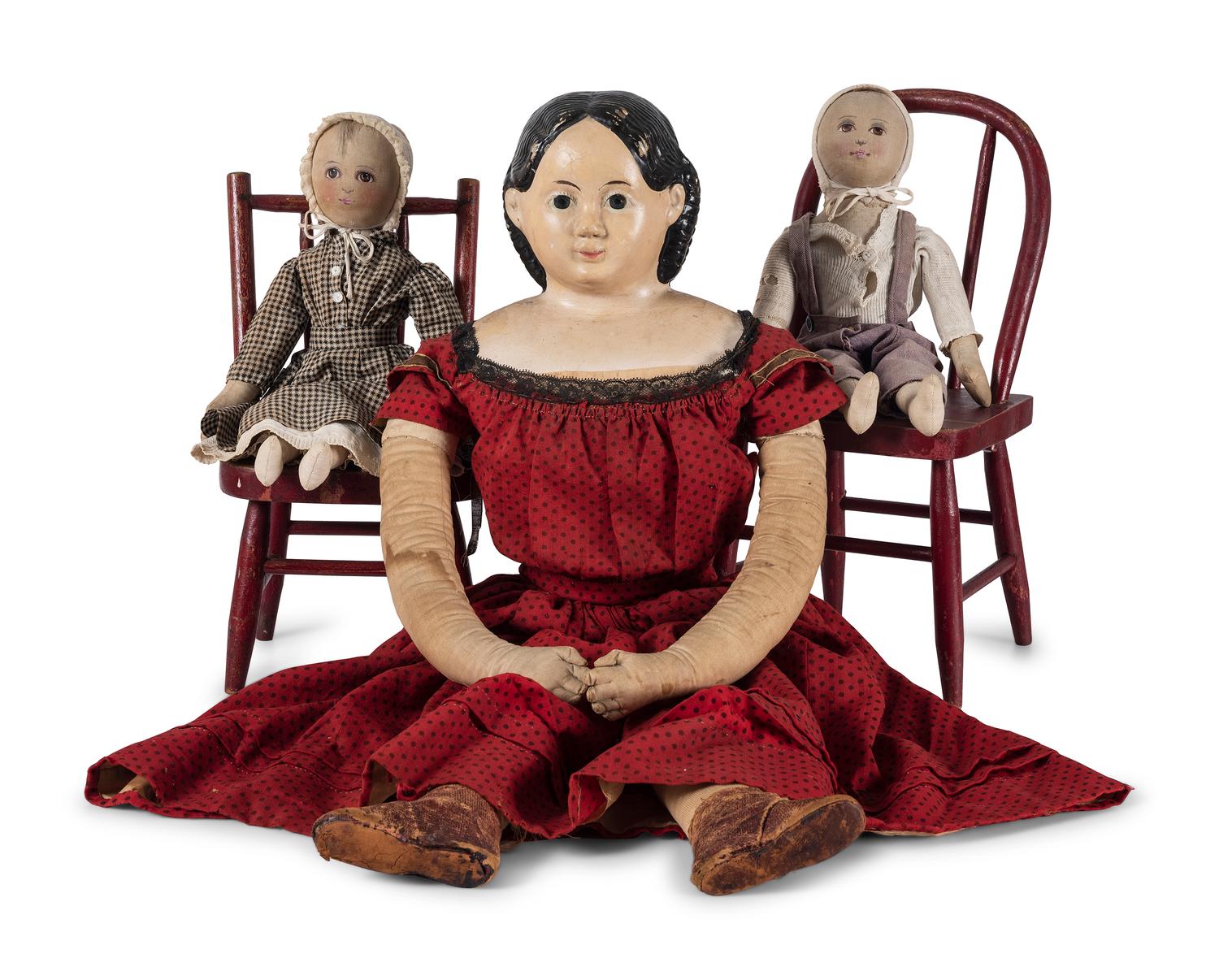 Two Red Painted Wood Child’s Chairs with Dolls