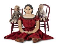 Two Red Painted Wood Child’s Chairs with Dolls