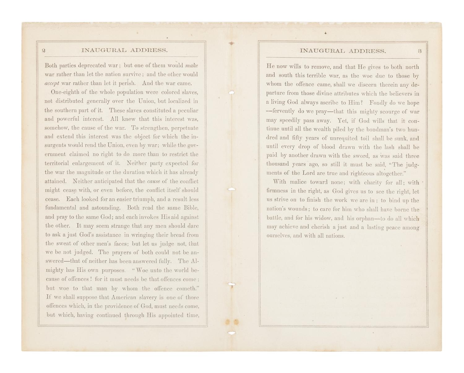 LINCOLN, Abraham (1809-1865). Inaugural Address. March 4, 1865 . [Washington, D.C., 1865].