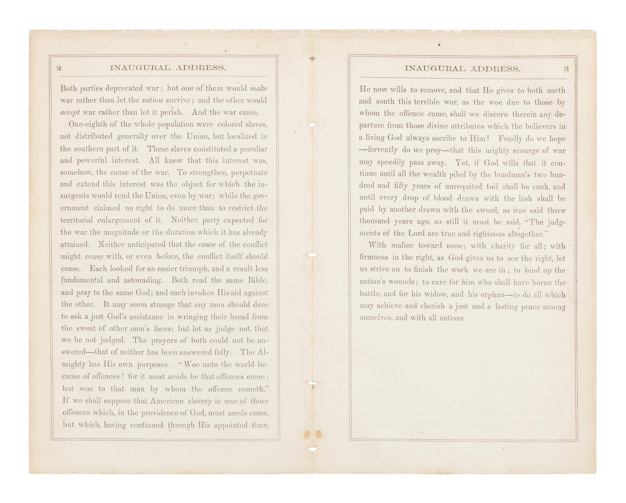 LINCOLN, Abraham (1809-1865). Inaugural Address. March 4, 1865 . [Washington, D.C., 1865].