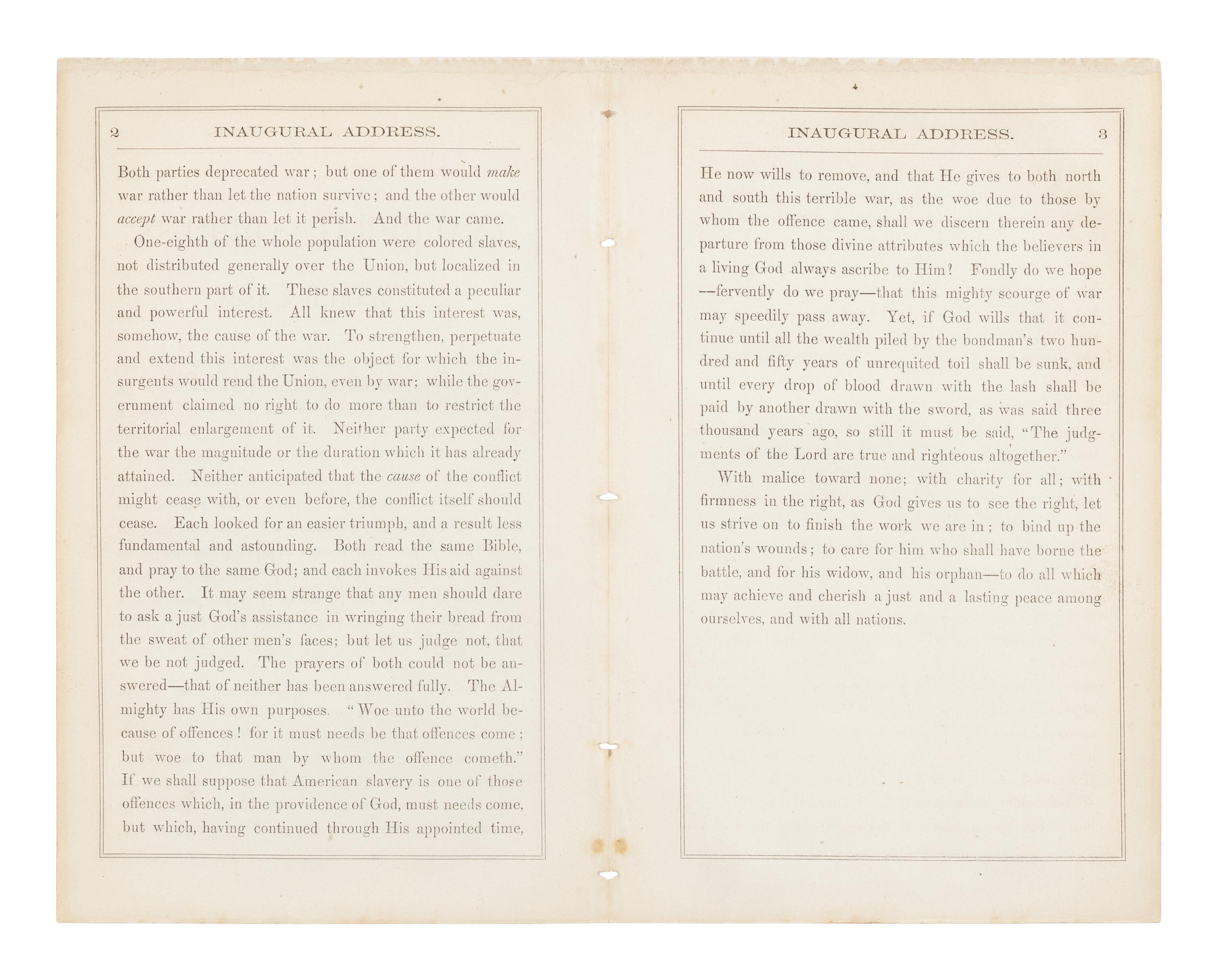 LINCOLN, Abraham (1809-1865). Inaugural Address. March 4, 1865 . [Washington, D.C., 1865].
