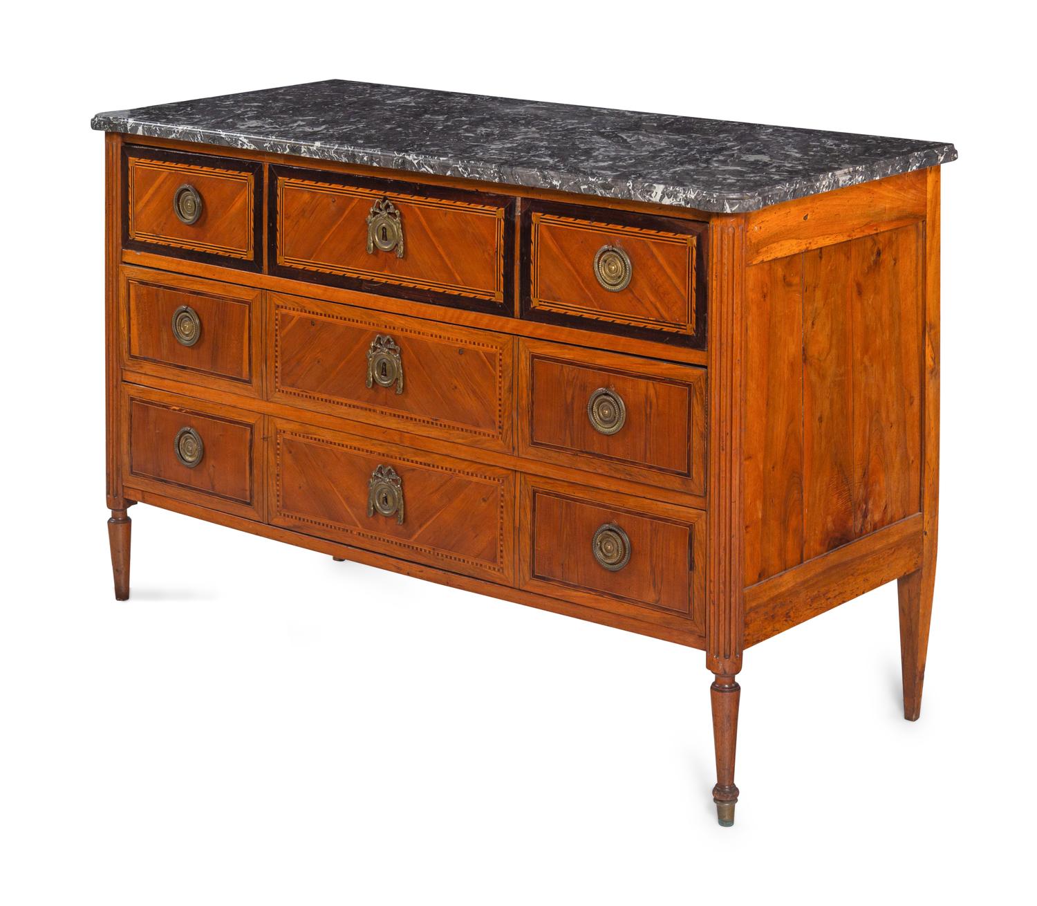 A Louis XVI Marquetry and Fruitwood Marble-Top Commode