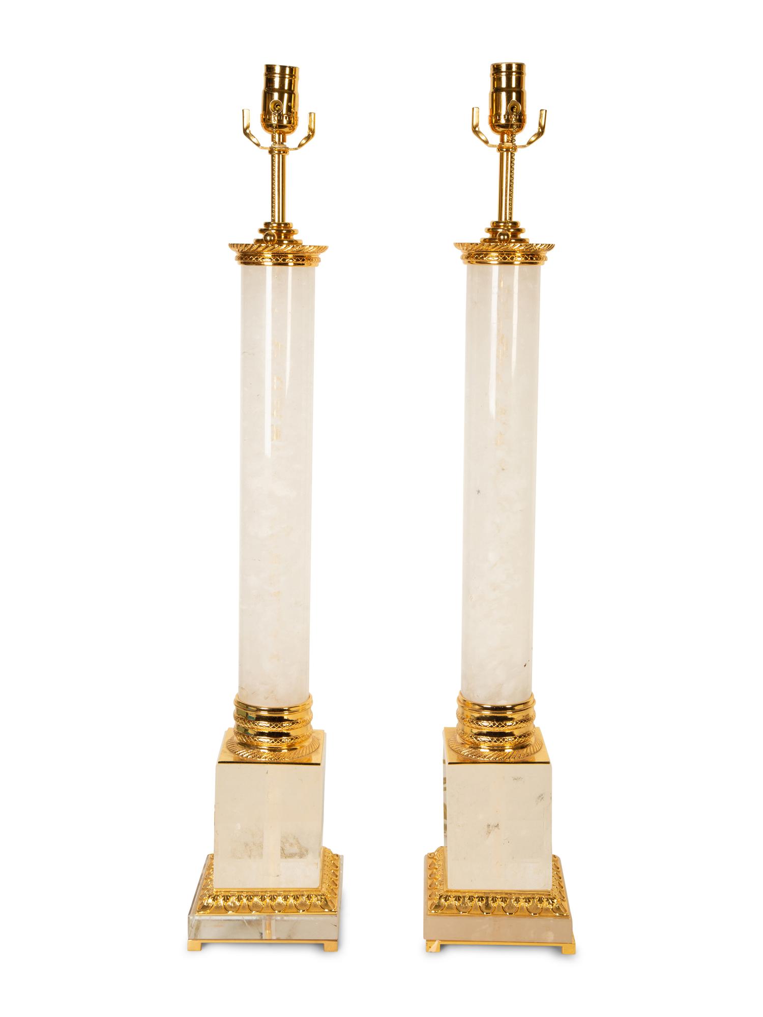 A Pair of Gilt Metal Mounted Rock Crystal Column Table Lamps