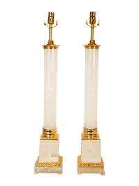 A Pair of Gilt Metal Mounted Rock Crystal Column Table Lamps