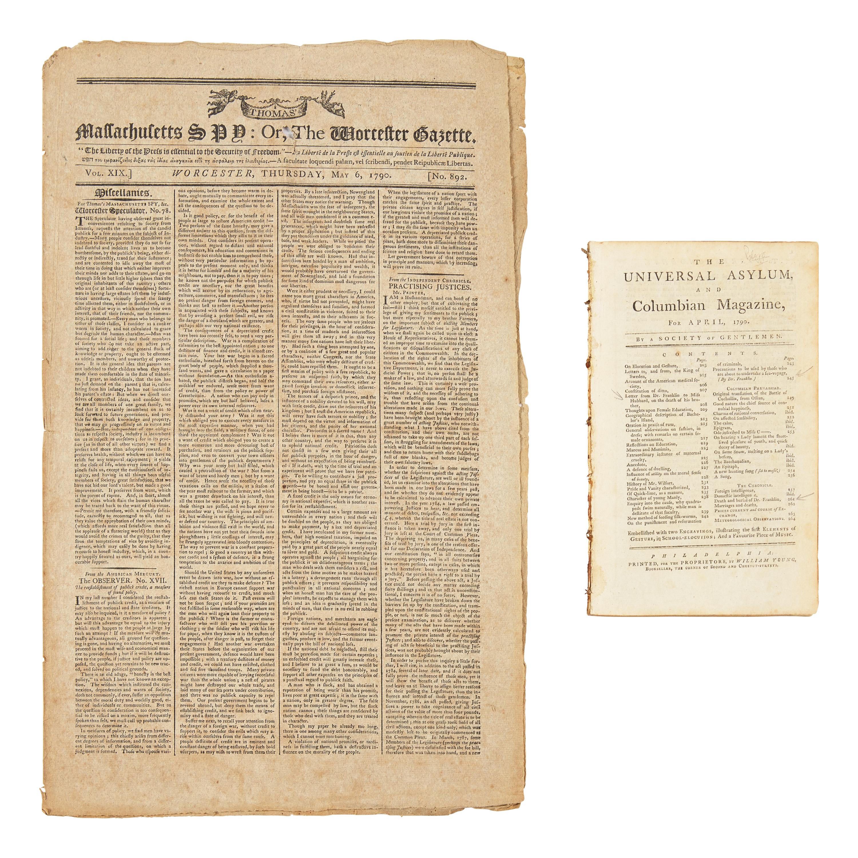 [Franklin, Benjamin] A Great American Patriot Isaiah Thomas Reports on the Death of Another: Group of 2 Periodicals Reporting the Death of Benjamin Franklin, April-May, 1790