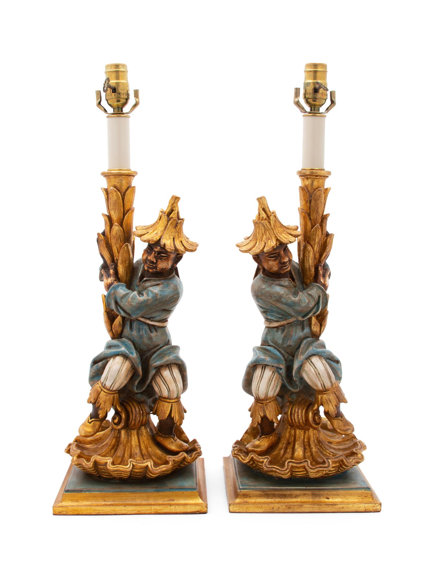 A Pair of Carved Polychrome and Gilt Decorated Table Lamps — 20TH CENTURY
