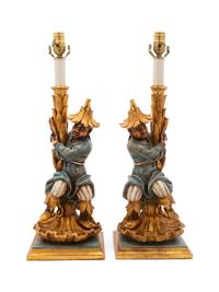 A Pair of Carved Polychrome and Gilt Decorated Table Lamps — 20TH CENTURY