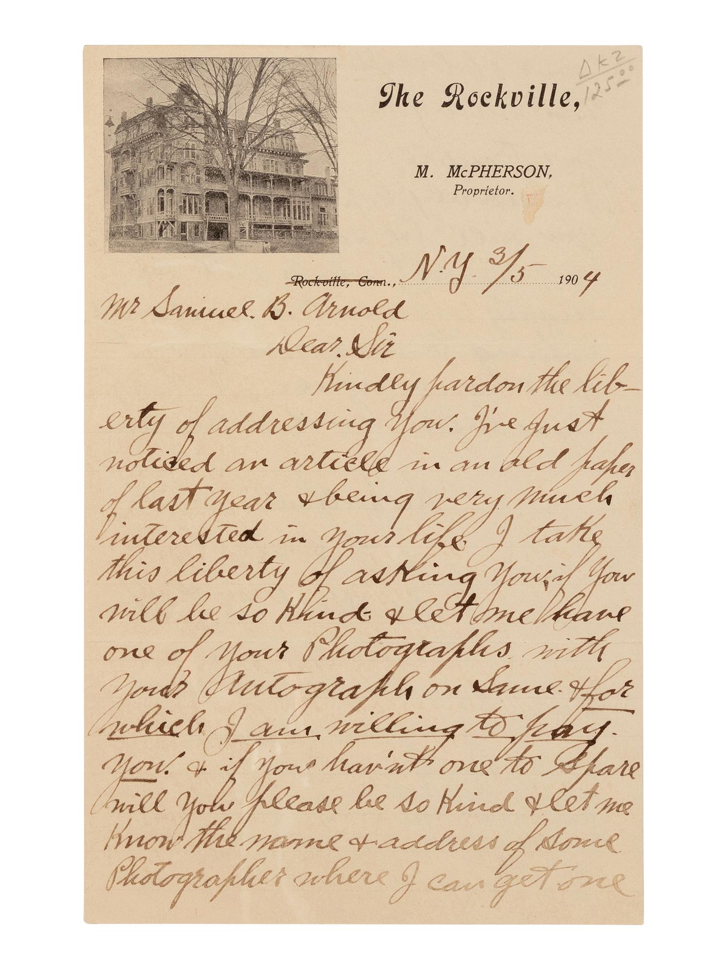 [LINCOLN ASSASSINATION]. ARNOLD, Samuel B. (1834-1906). Autograph note unsigned but in Arnold's hand on letter sent by A.E. Fostell. Friendship, Anne Arundel County, Maryland, ca July 1904.